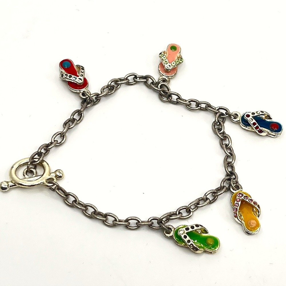 Vintage Y2K Silver Tone Enamel Flip Flop Charm Bracelet Multi-Color Summer Retro
